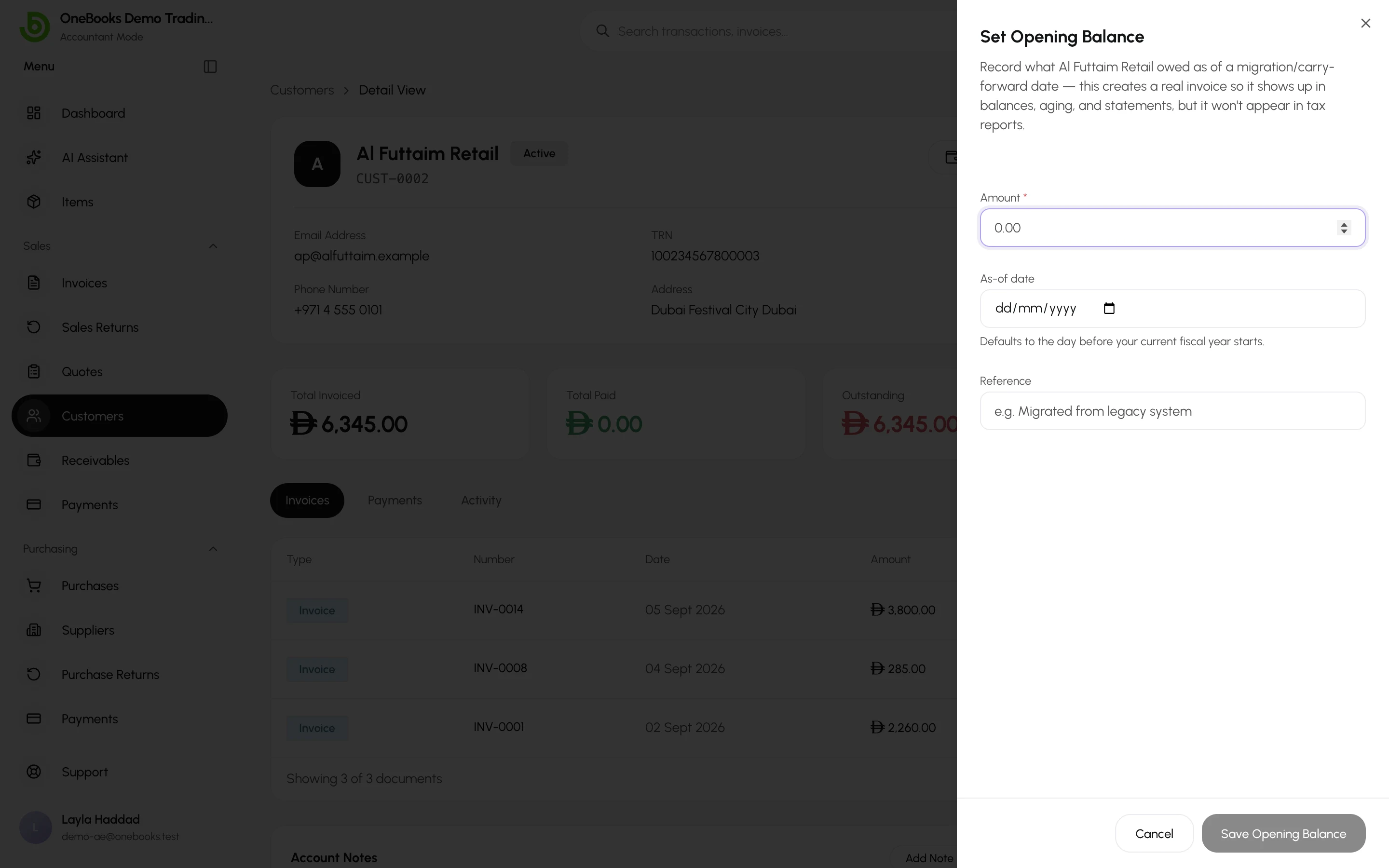 The Opening Balance dialog on a customer page