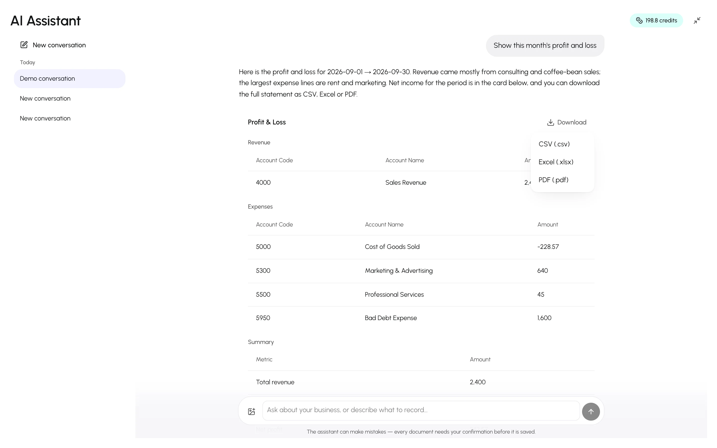 The Download menu open on a report card with CSV, Excel and PDF options