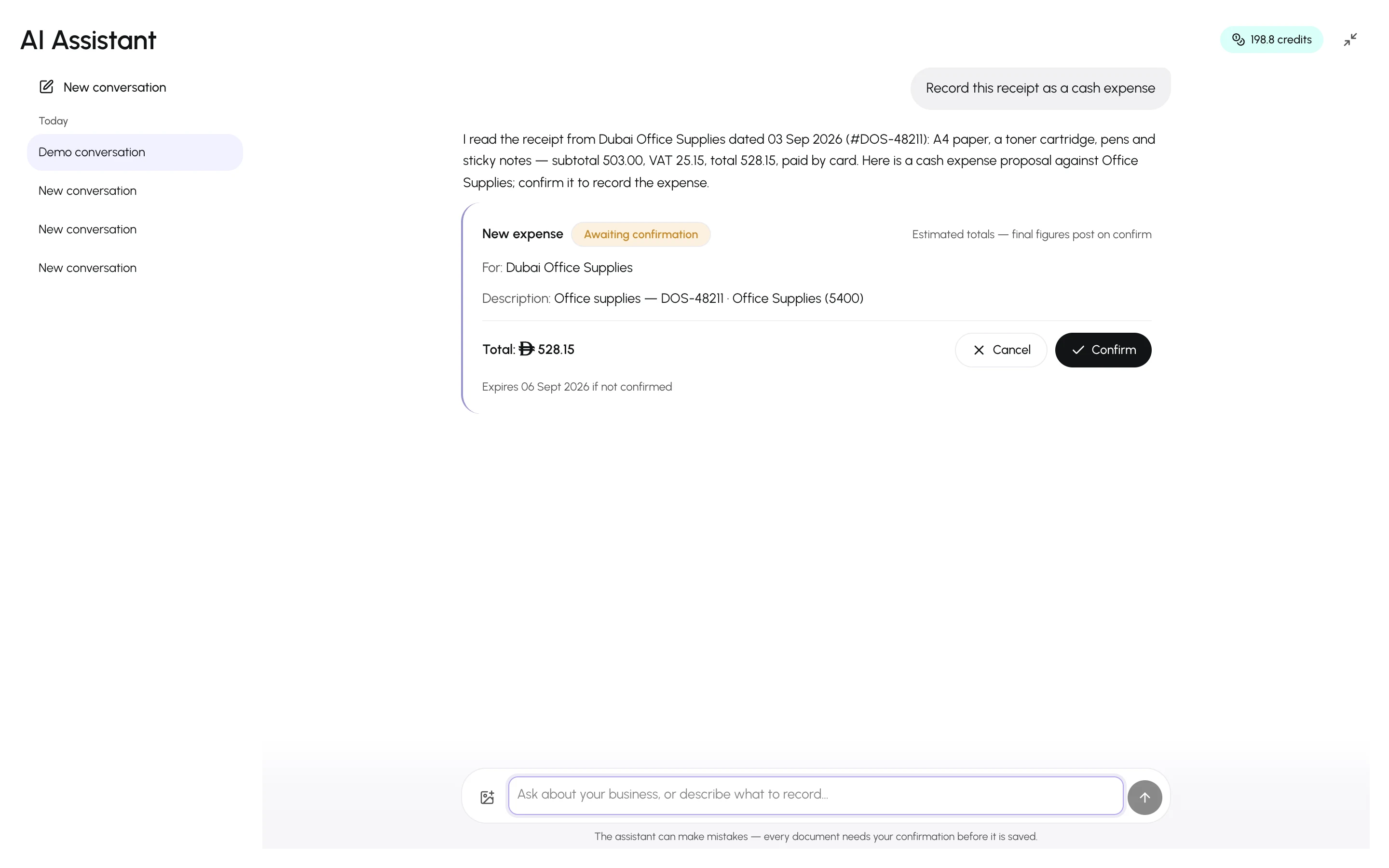 The composer with a receipt image attached and the assistant's proposal