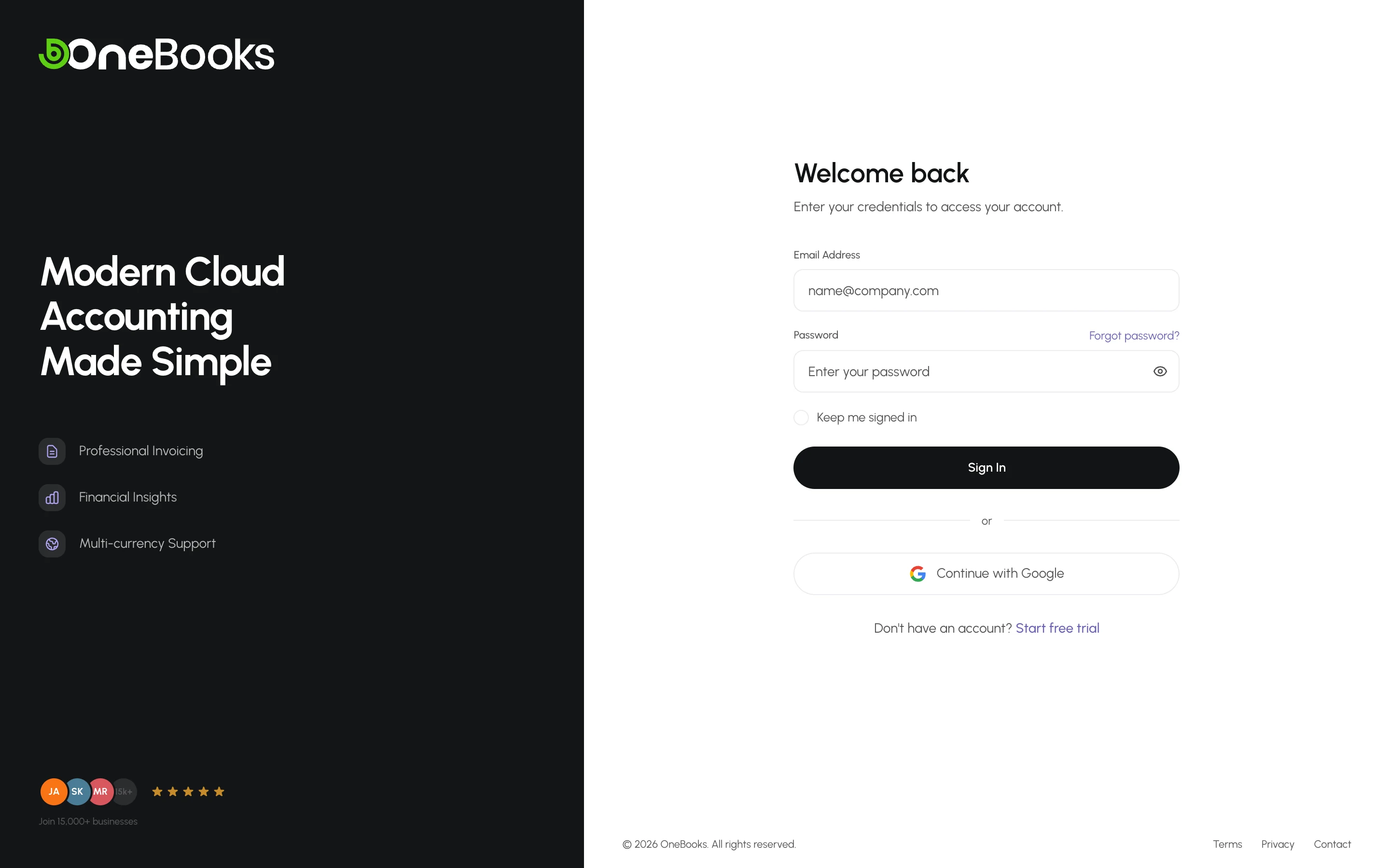 The OneBooks sign-in page with email, password and Continue with Google