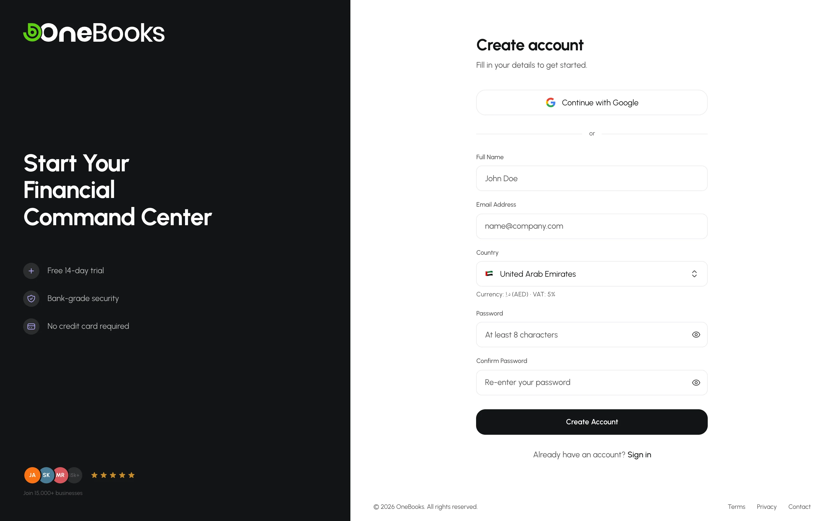 The OneBooks sign-up form with name, email, password and country fields