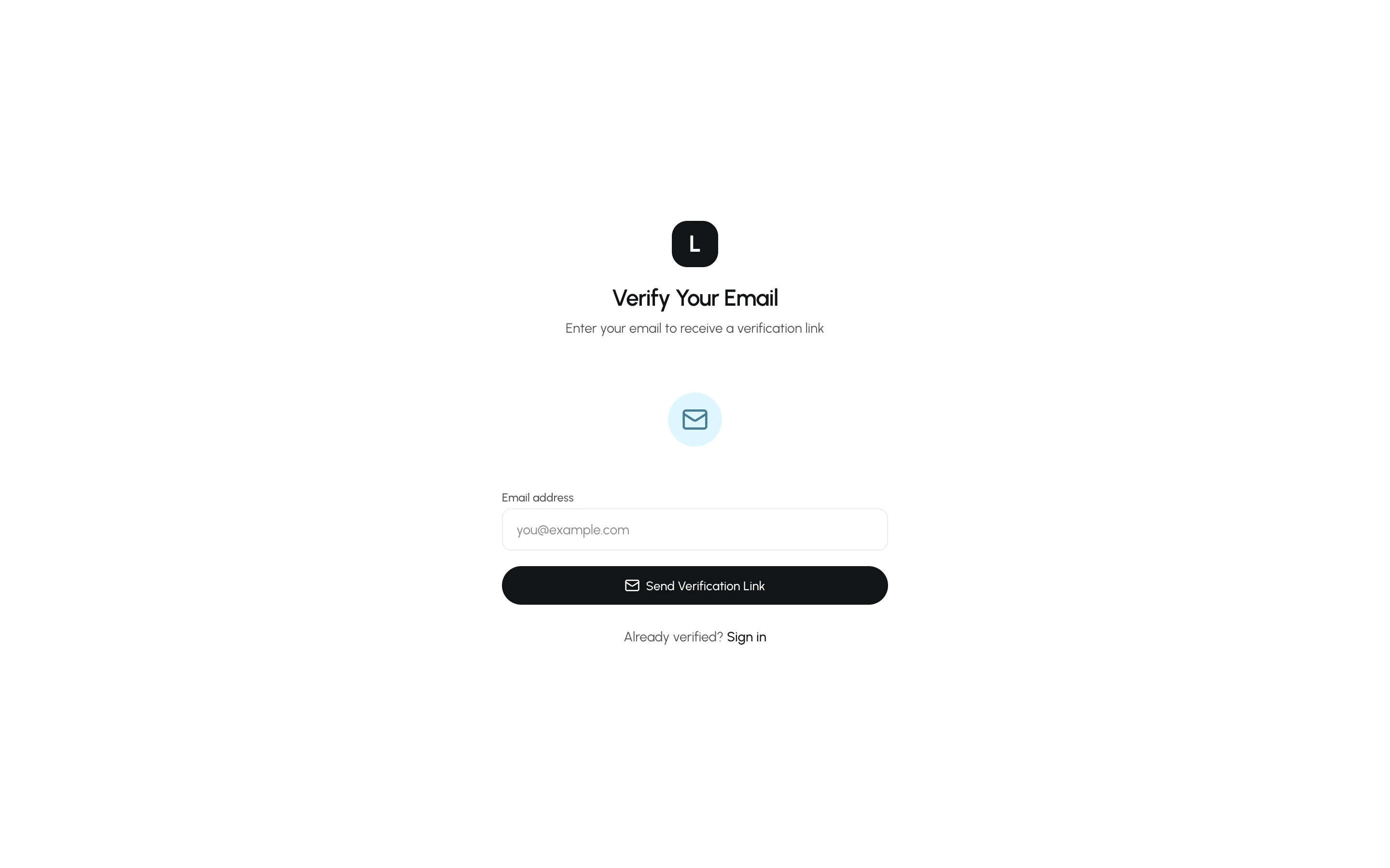 The verify-your-email screen shown after signing up, with a resend option