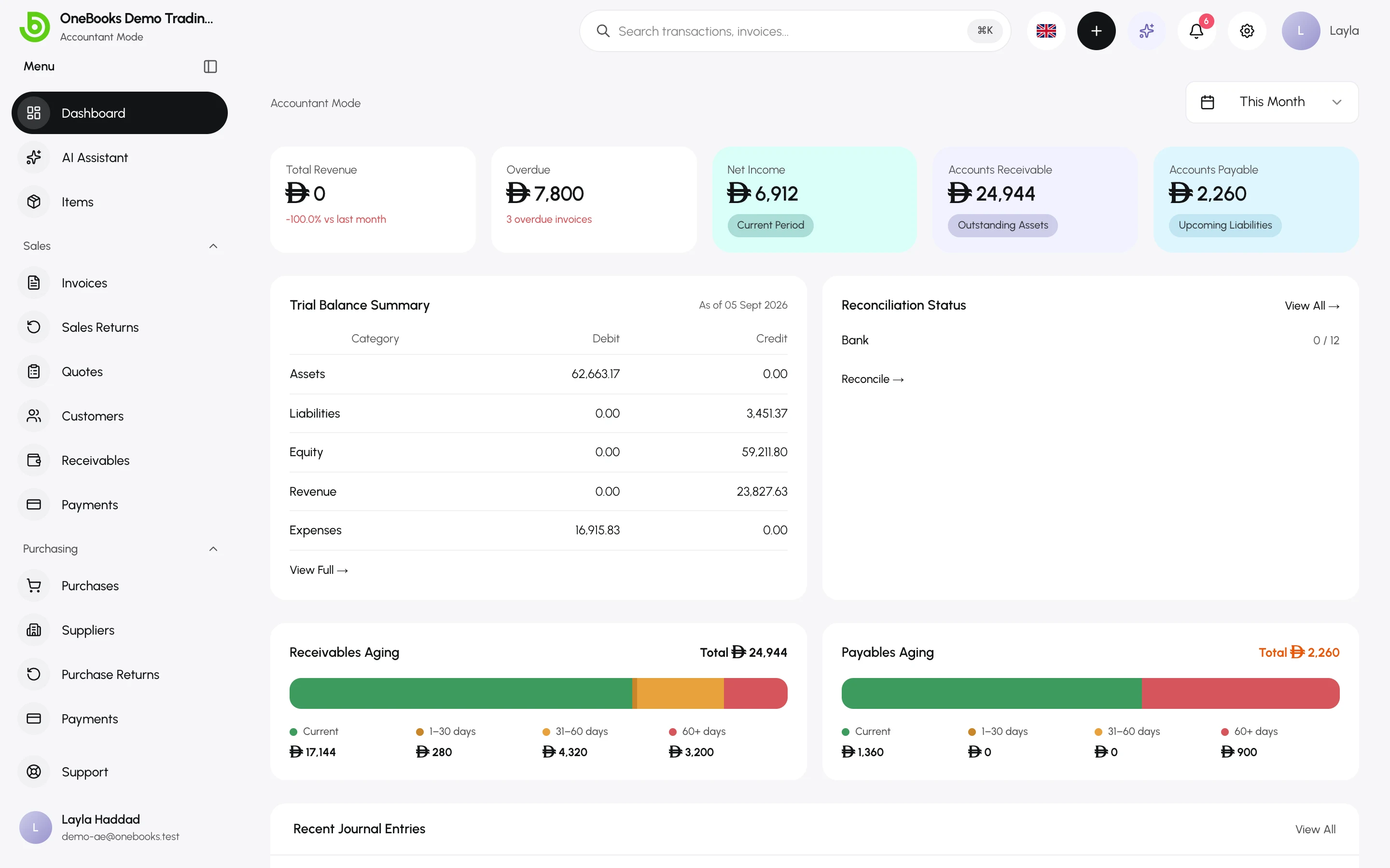 The dashboard in Accountant mode with the Accounting group visible in the sidebar