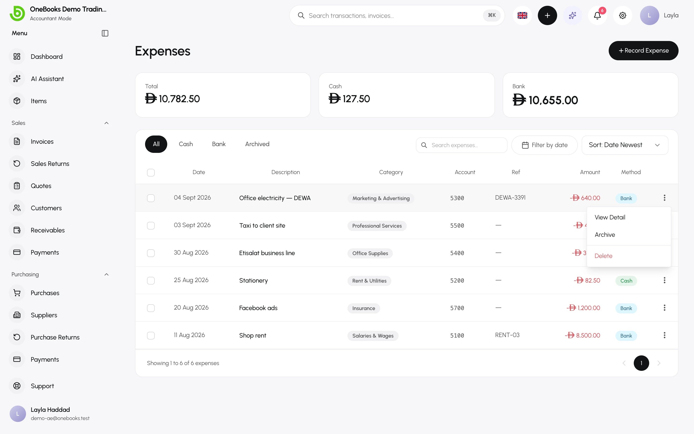 The expense row actions menu with View Detail, Archive and Delete