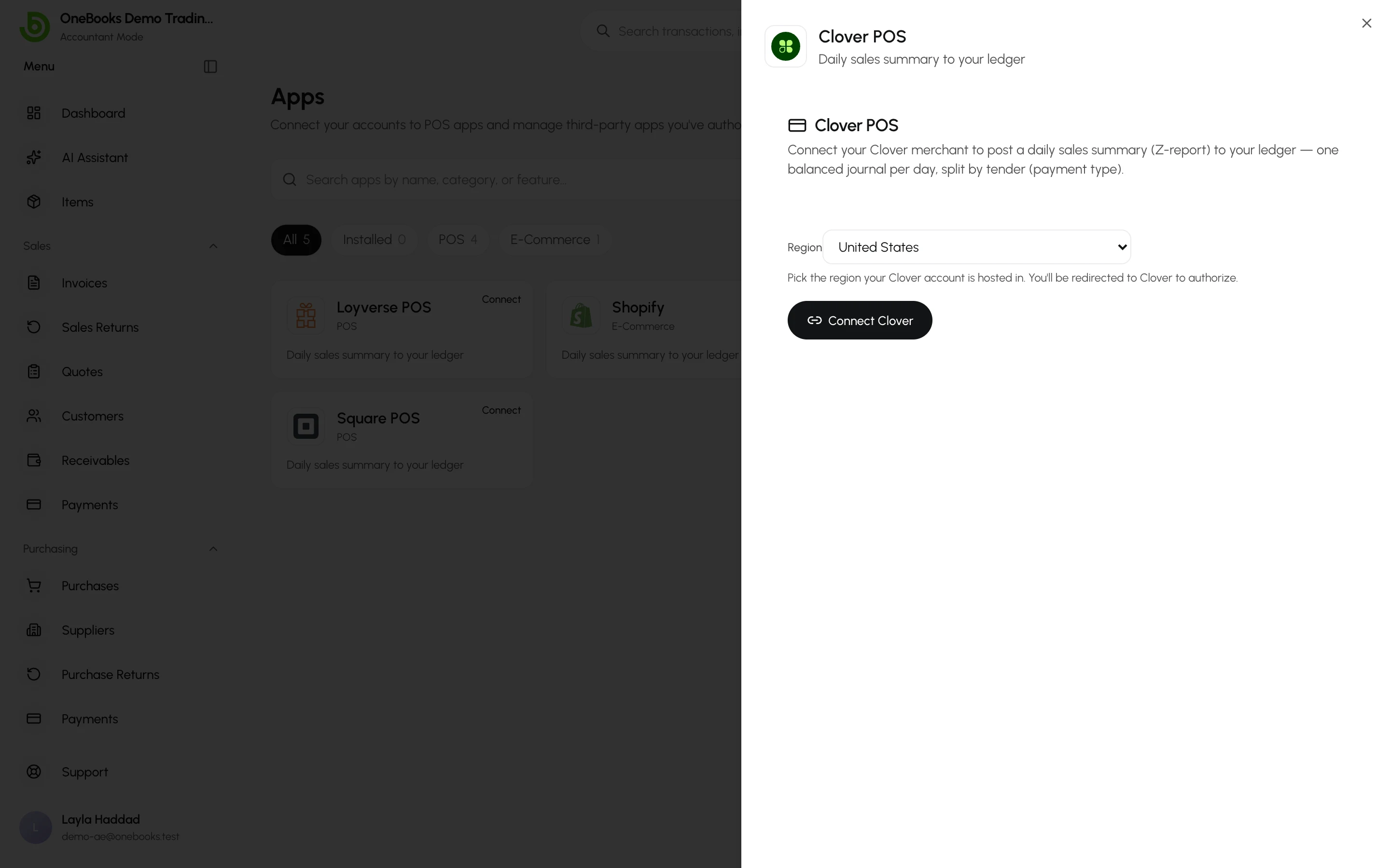 The Clover connection page in Apps