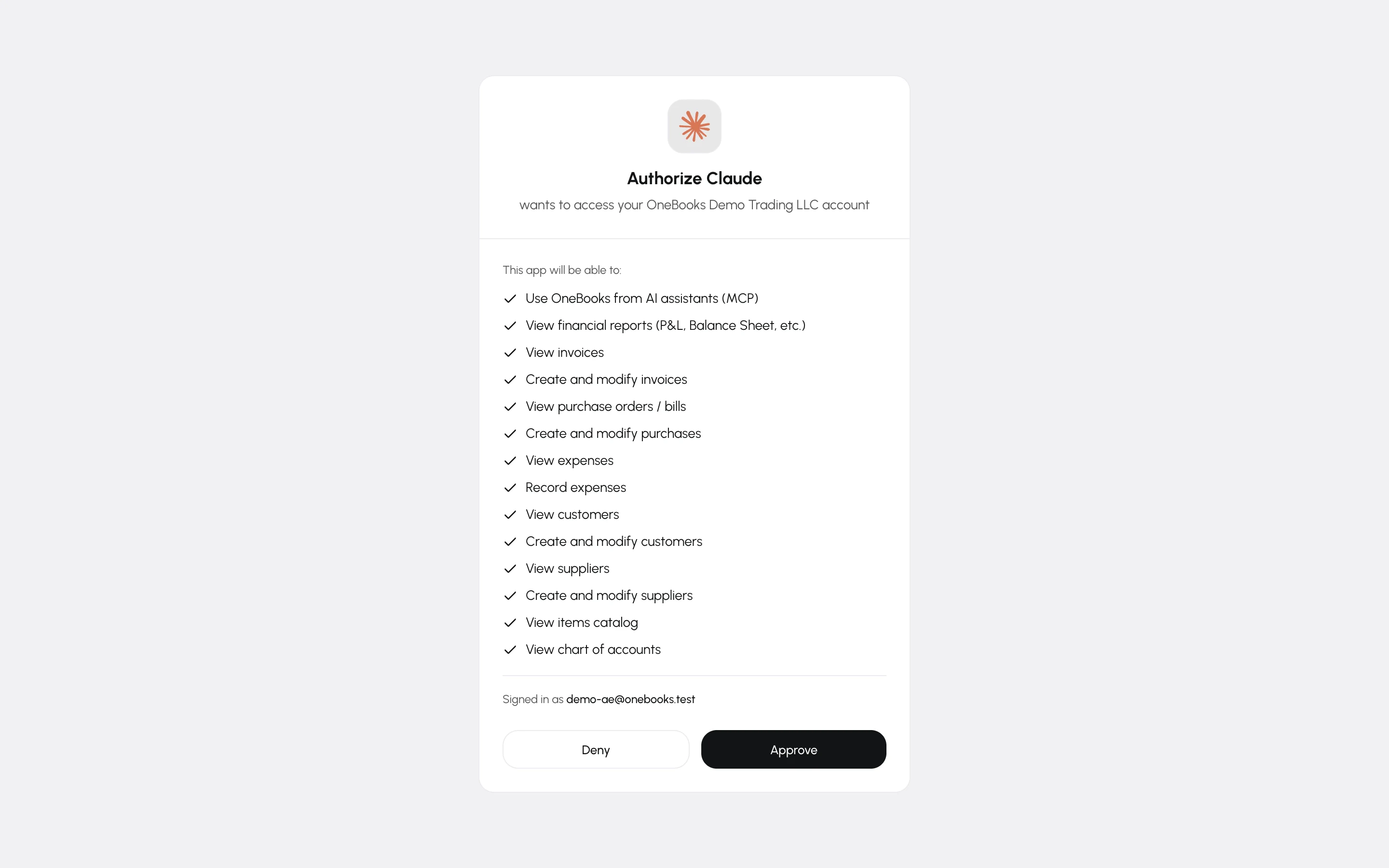 The OneBooks consent screen for Claude, listing the requested permissions with Approve and Deny