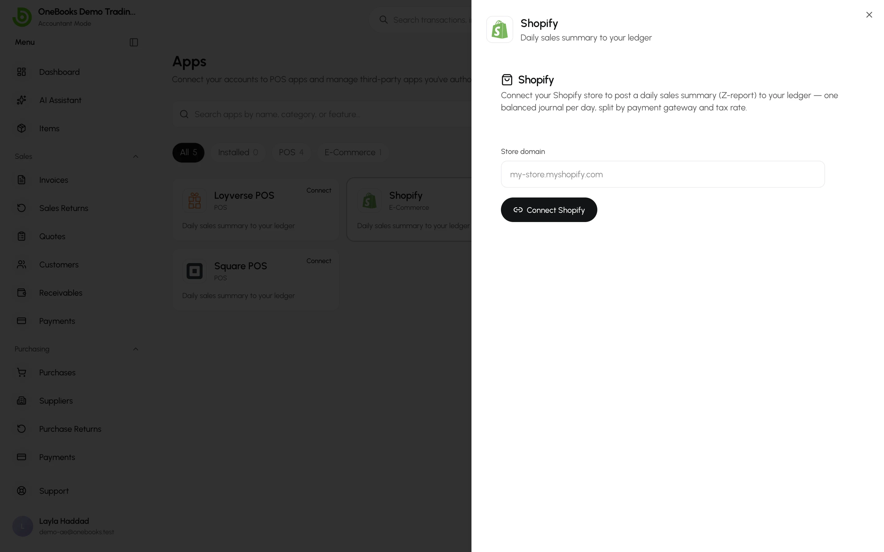 The Shopify connection page in Apps