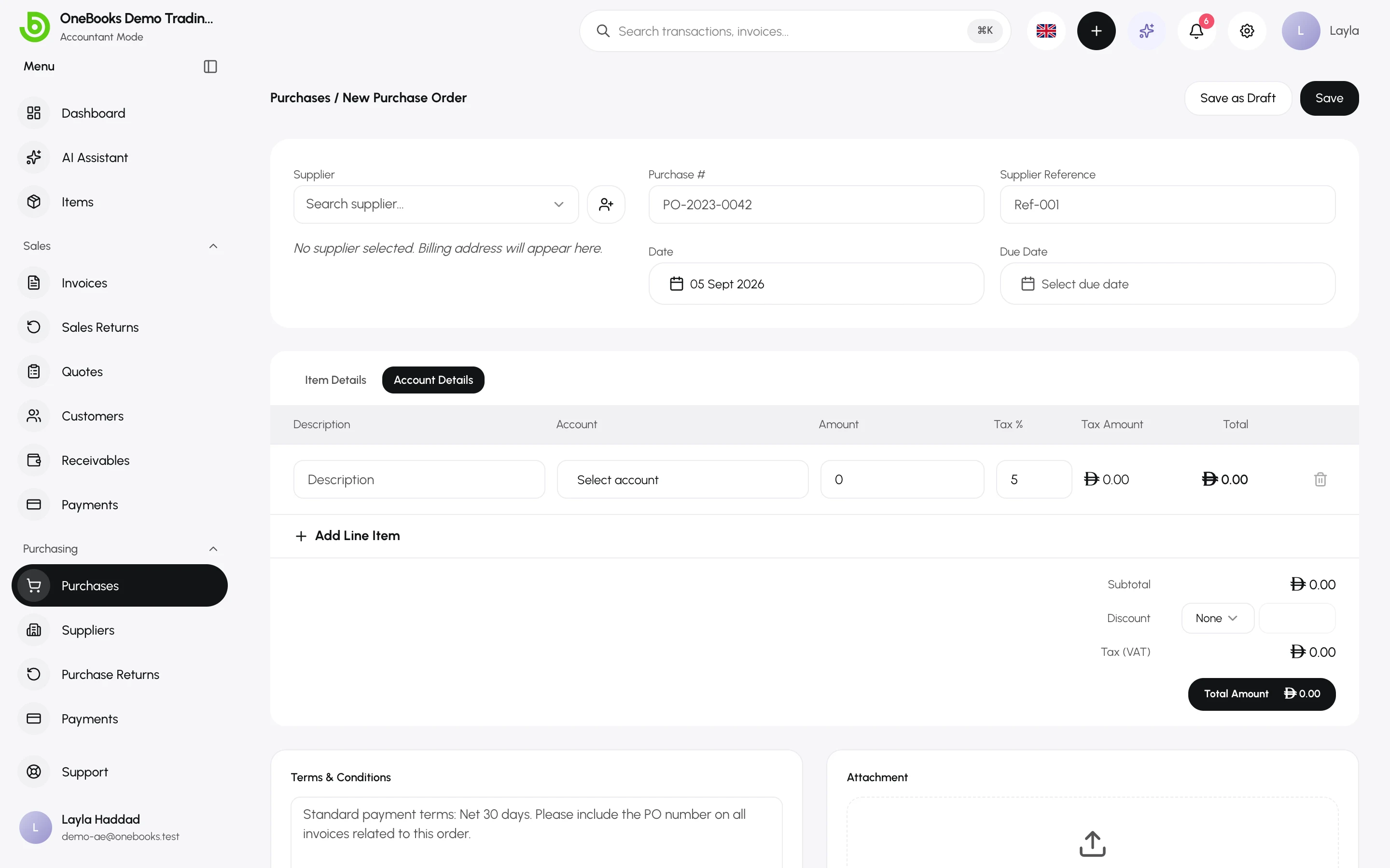 The Account Details tab with an account picker per line