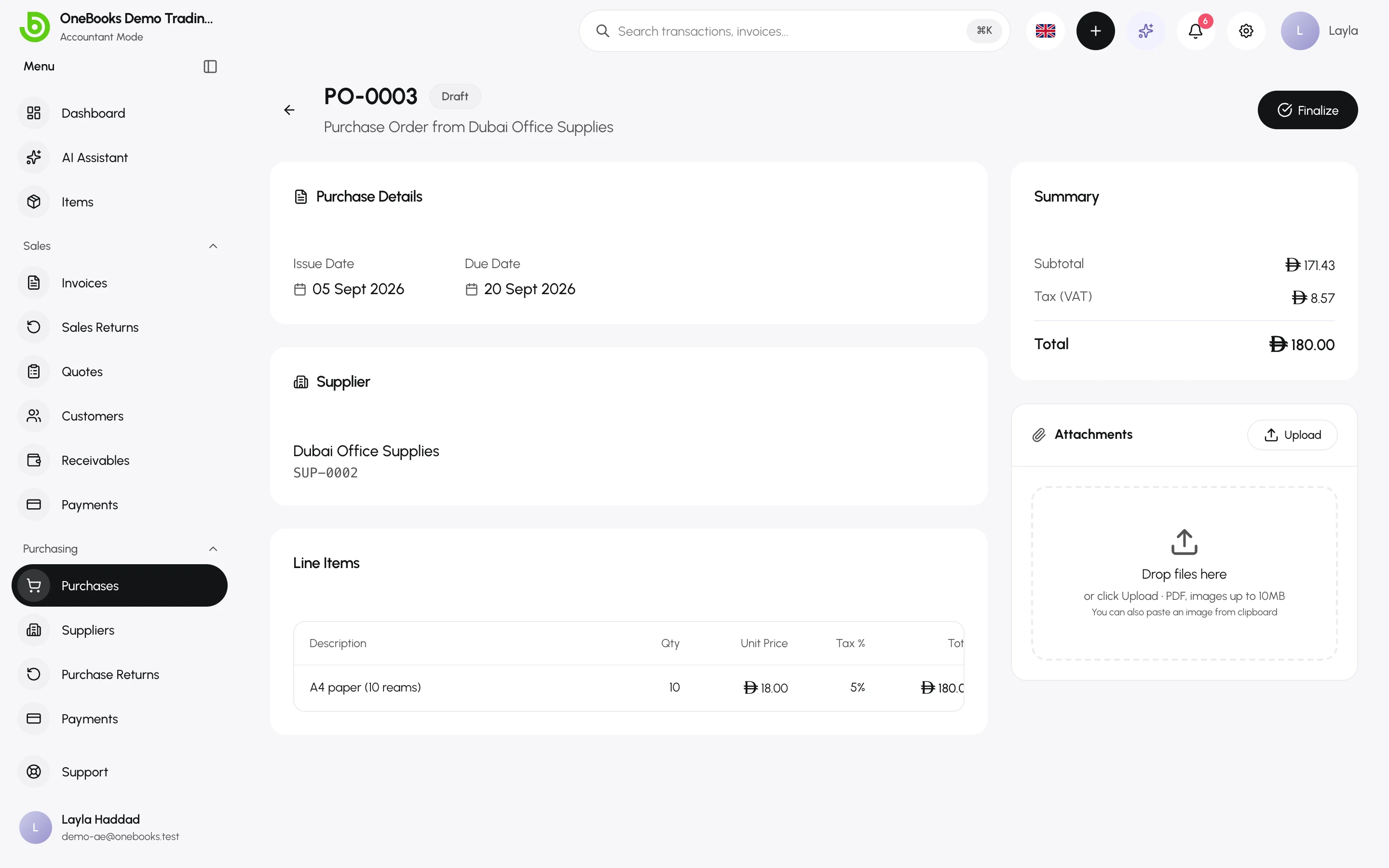 A draft purchase with the Finalize action