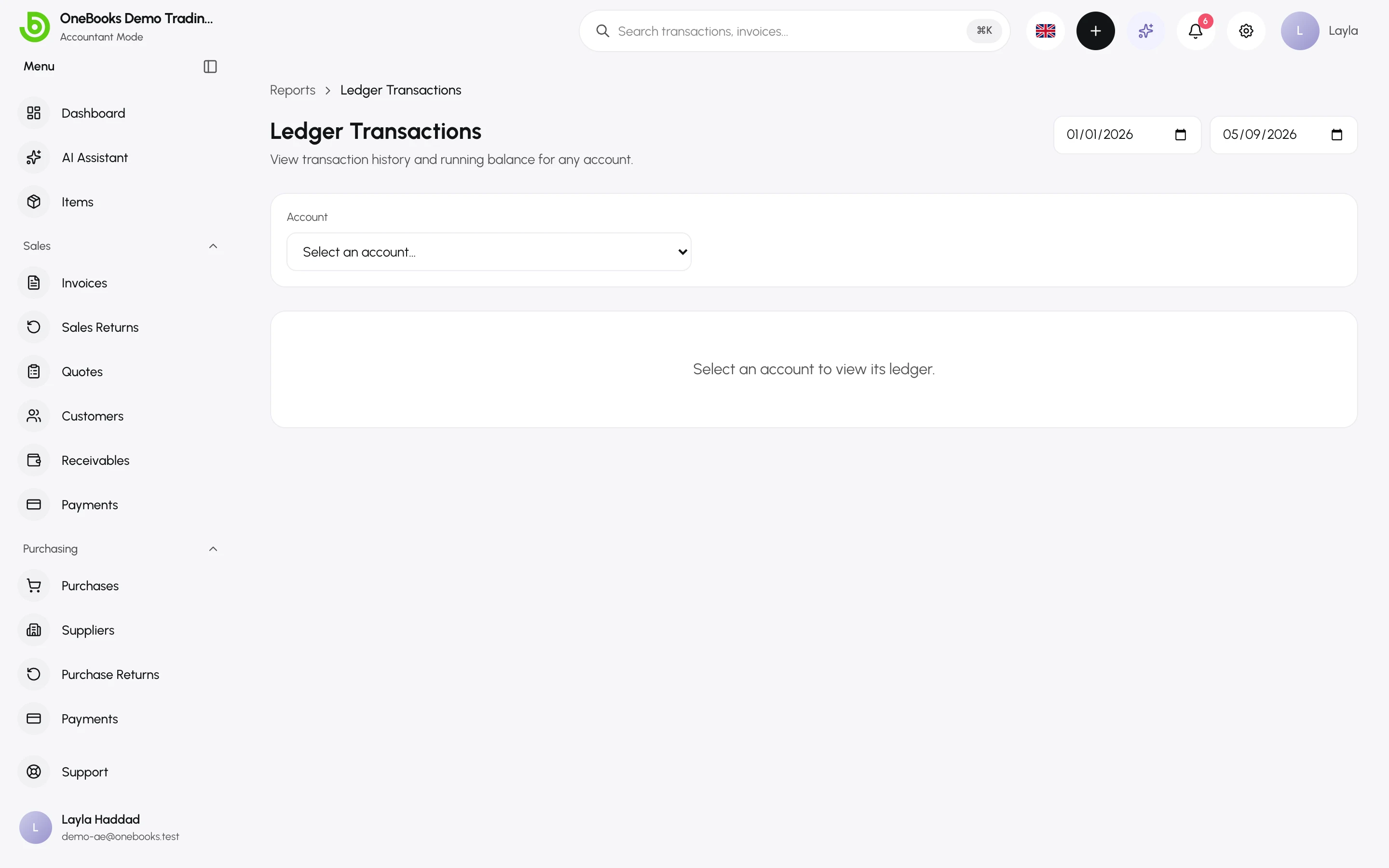 The Ledger Transactions report for one selected account with a running balance