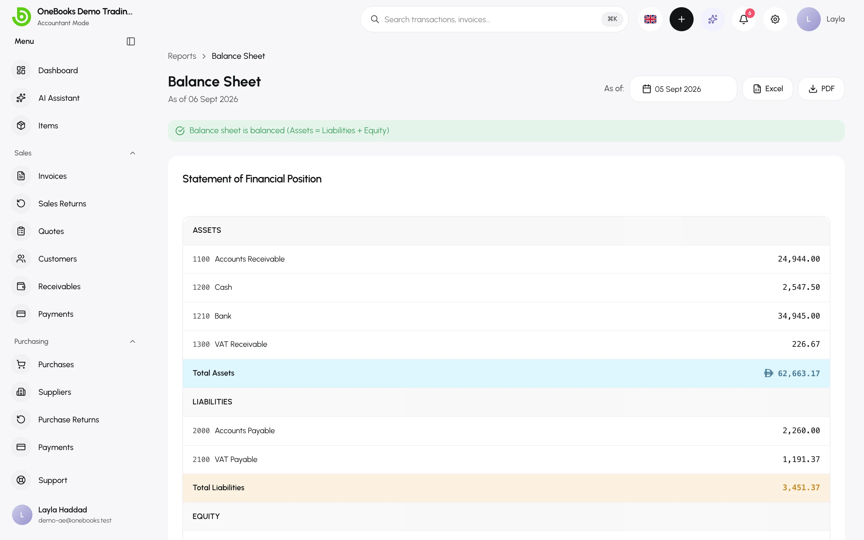 The Balance Sheet with assets, liabilities and equity sections and the balanced indicator