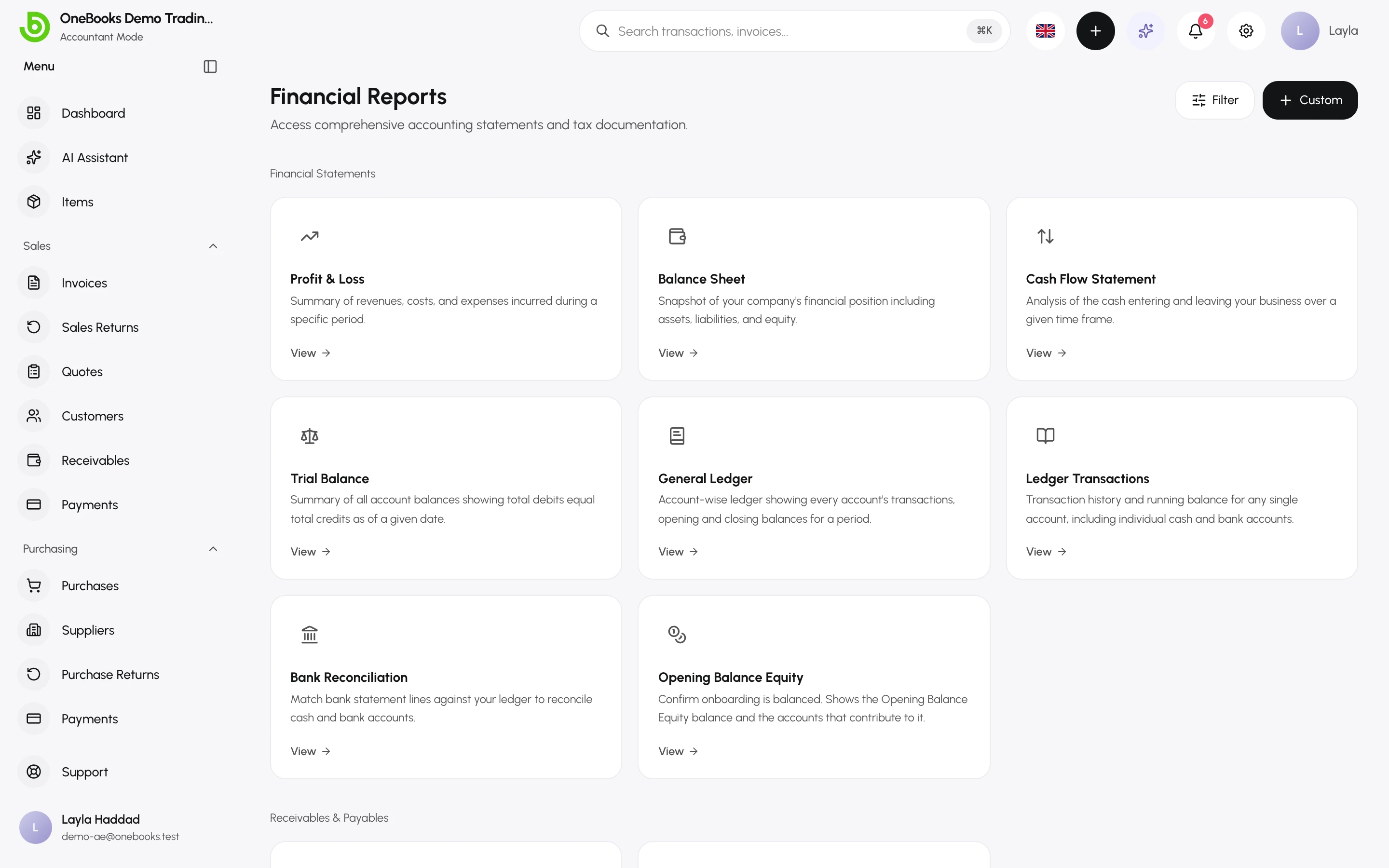 The Financial Reports hub with cards for financial statements, receivables and payables, tax and India GST filings