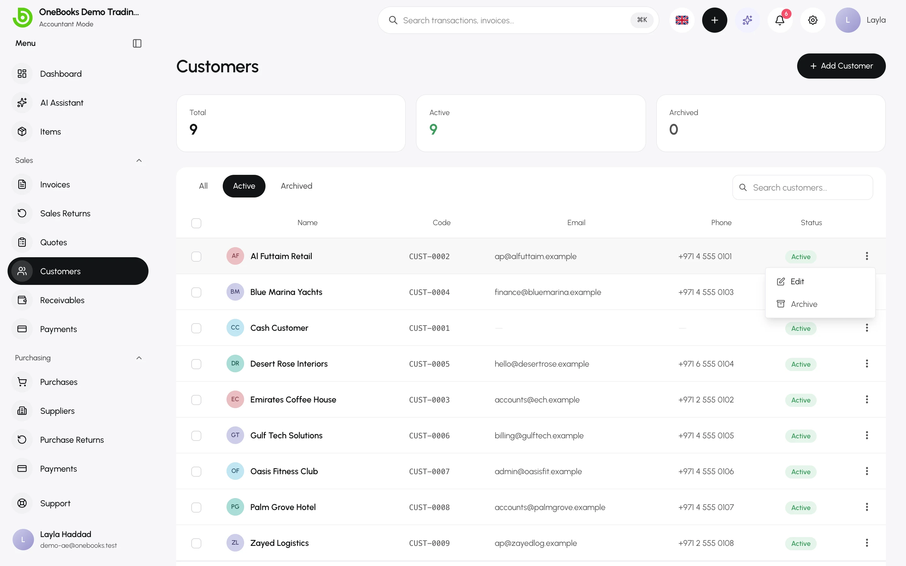 The customer row actions menu with Edit, Archive and Delete