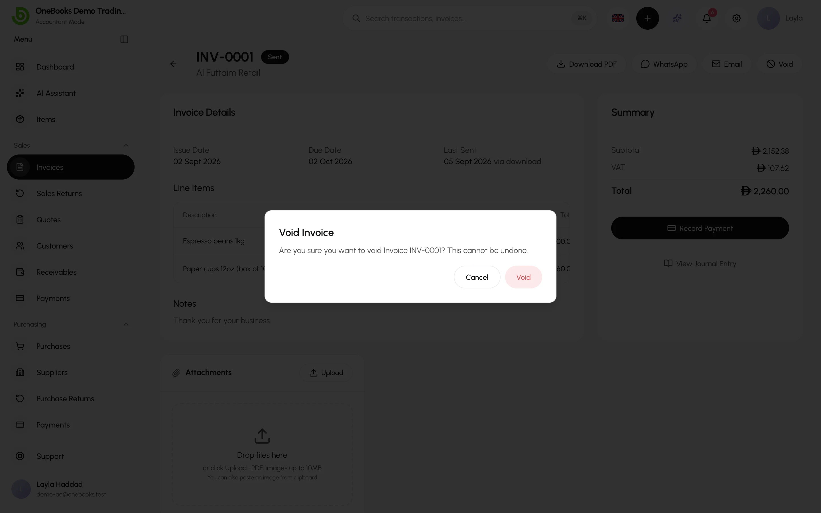 The void confirmation dialog on an invoice
