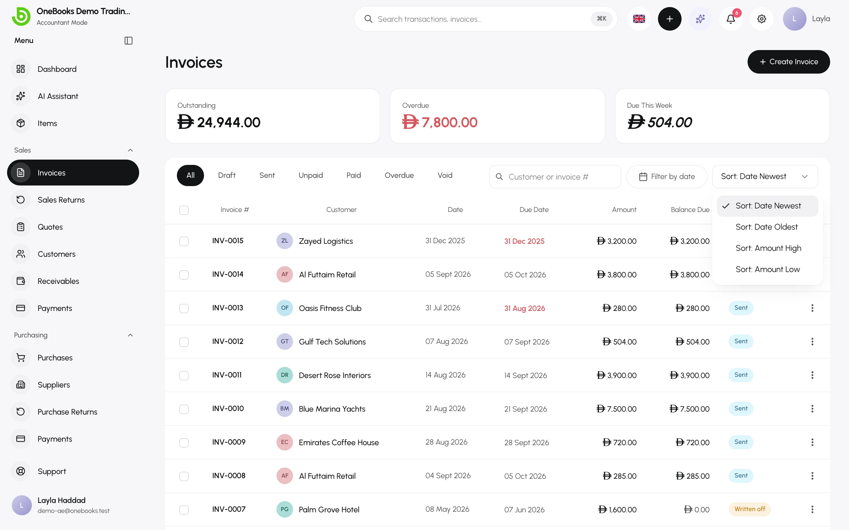 The status filter on the Invoices list, including Overdue and Unpaid