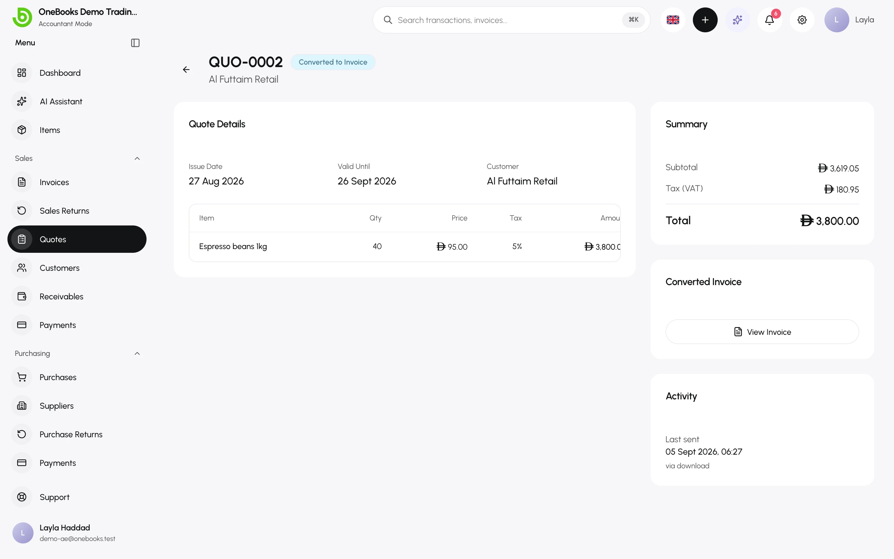 An accepted quote showing the Convert to Invoice action and the converted invoice link