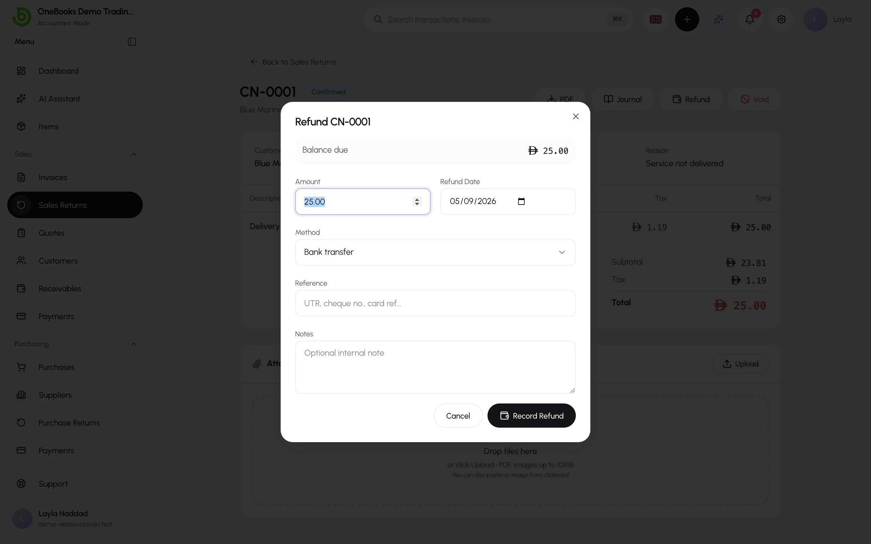The refund dialog on a credit note