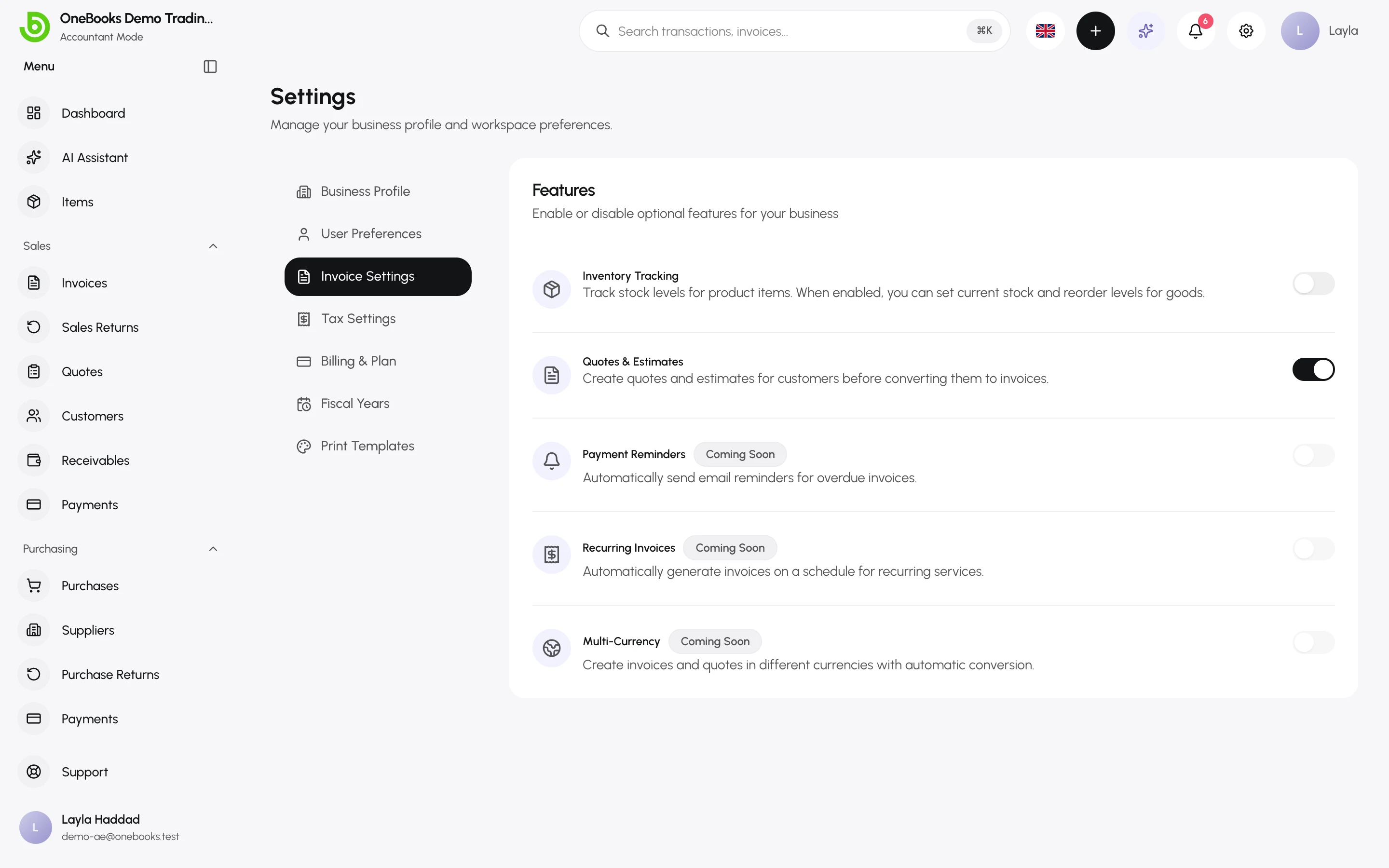 The Invoice Settings page with feature switches