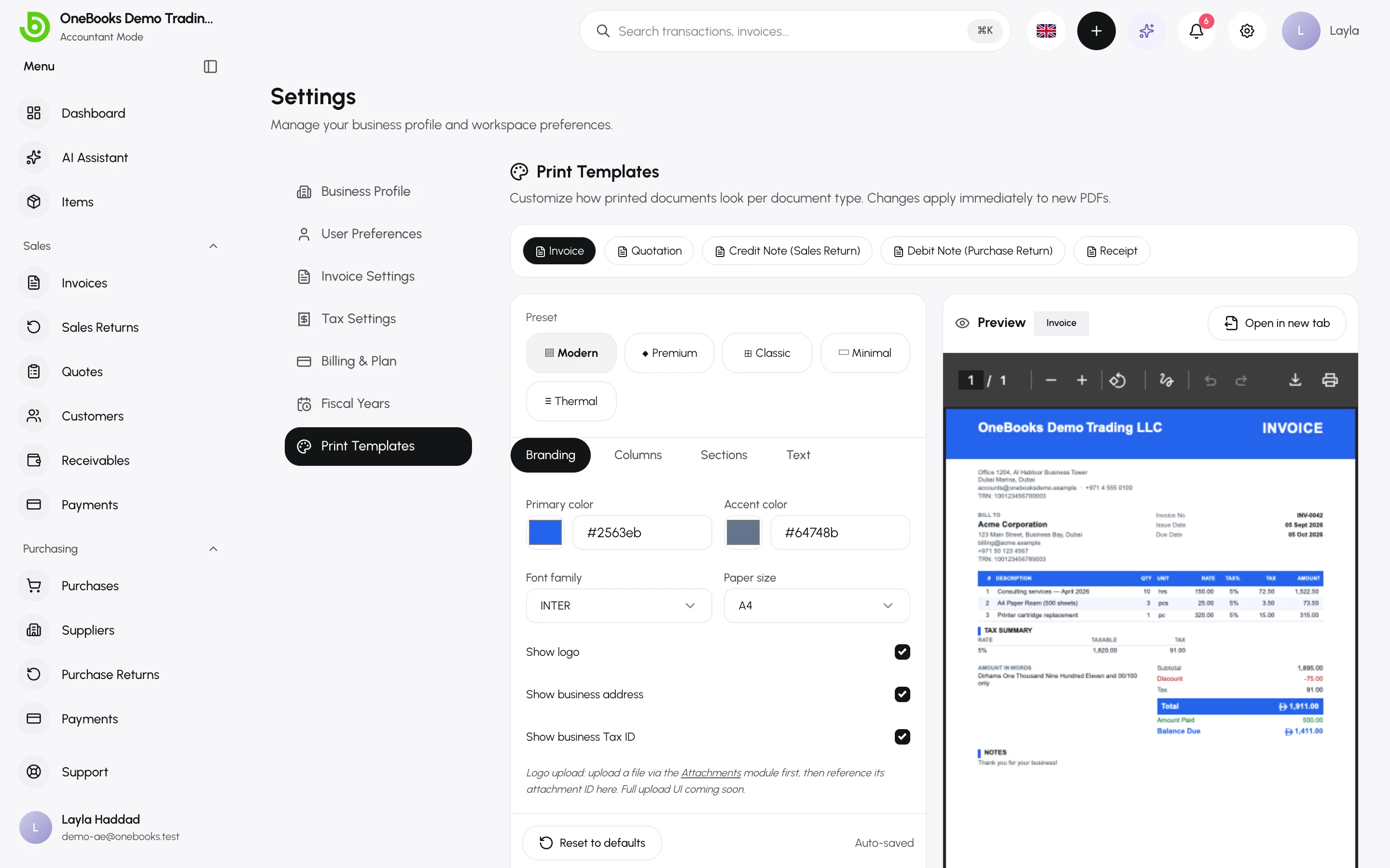 The Print Templates settings with one card per document type