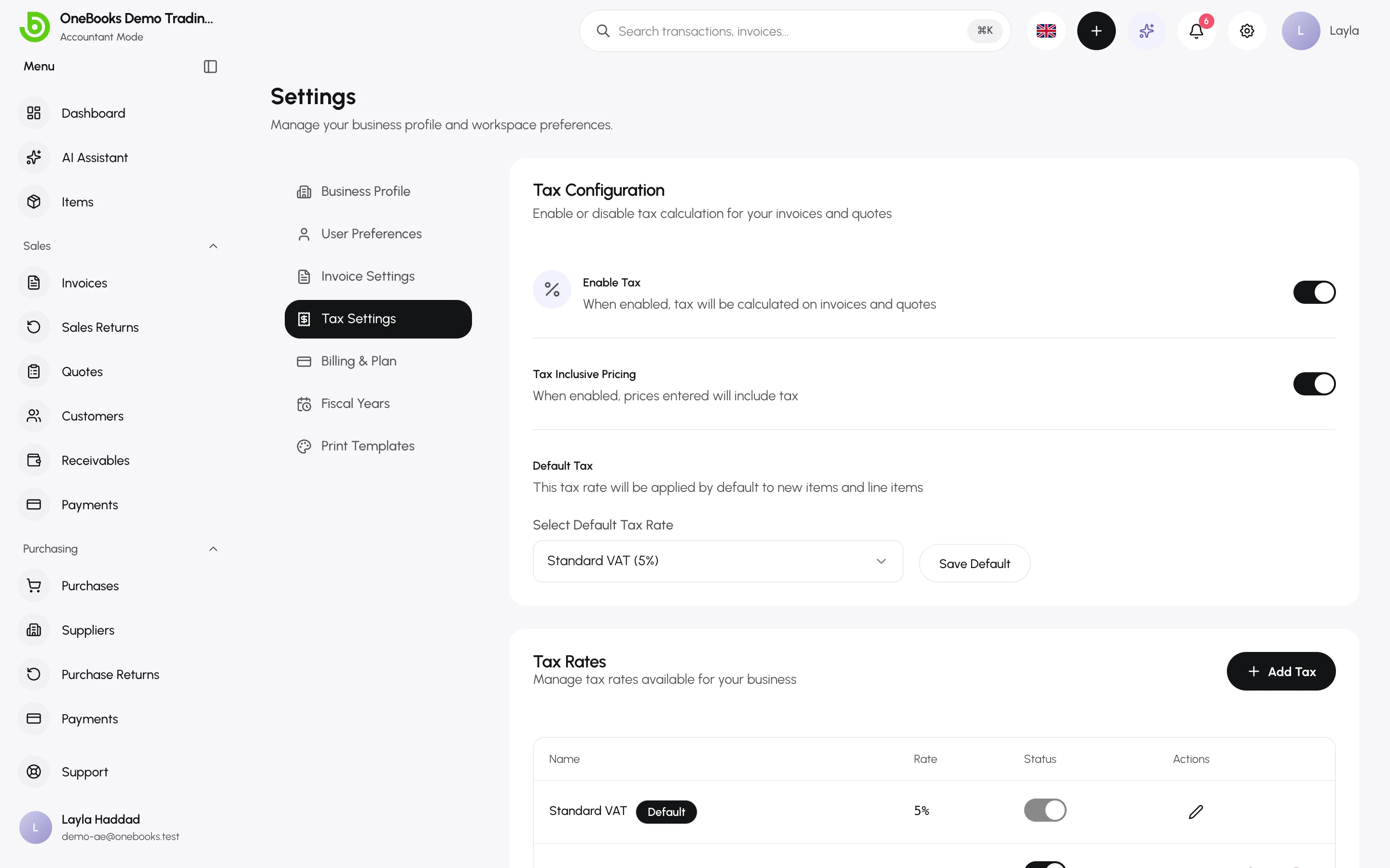 The Tax settings page with Enable Tax, Tax Inclusive Pricing, Default Tax and the tax rates table