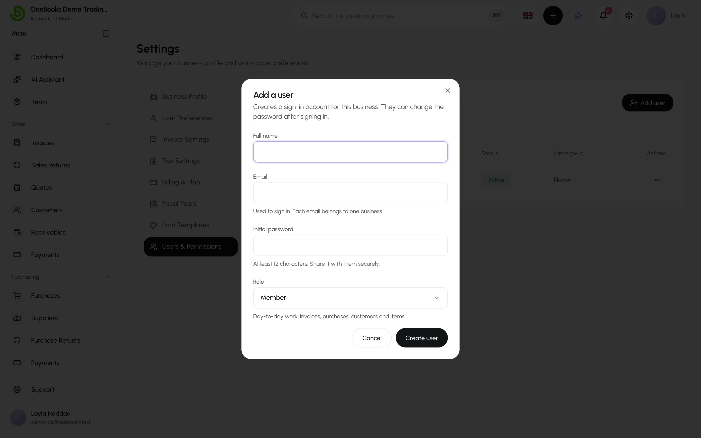 The Add user dialog with name, email, password and role