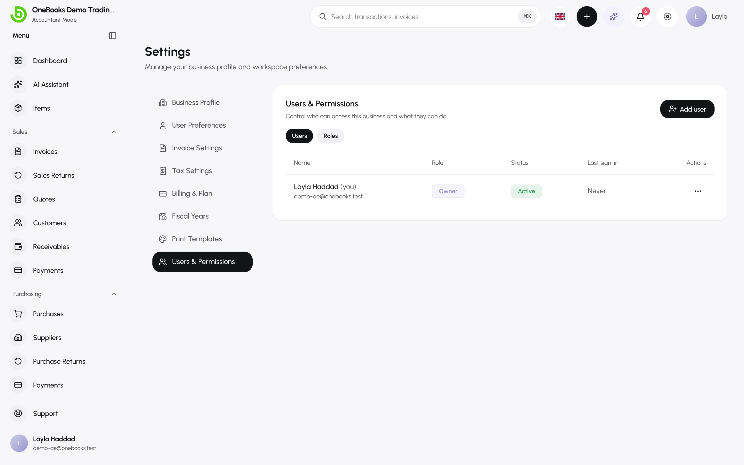 The Users & Permissions page listing team members with their roles