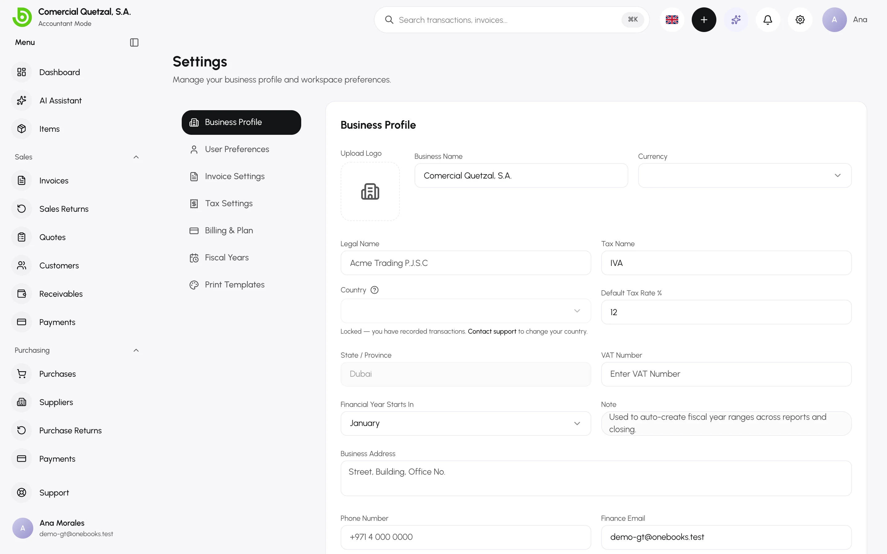 Company settings for a Guatemalan business in the Spanish interface