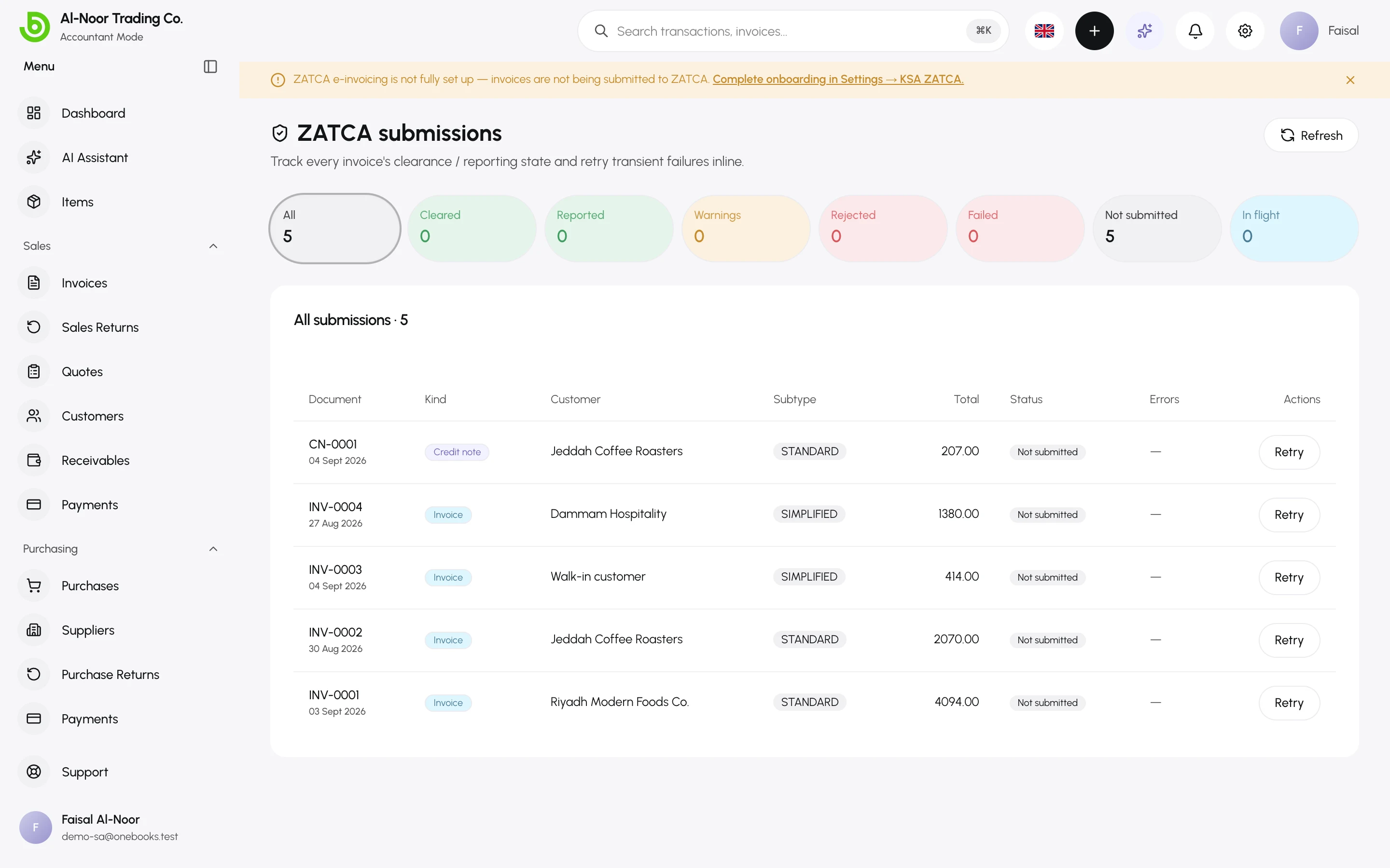 The ZATCA submissions dashboard with in-flight, cleared, reported and rejected documents