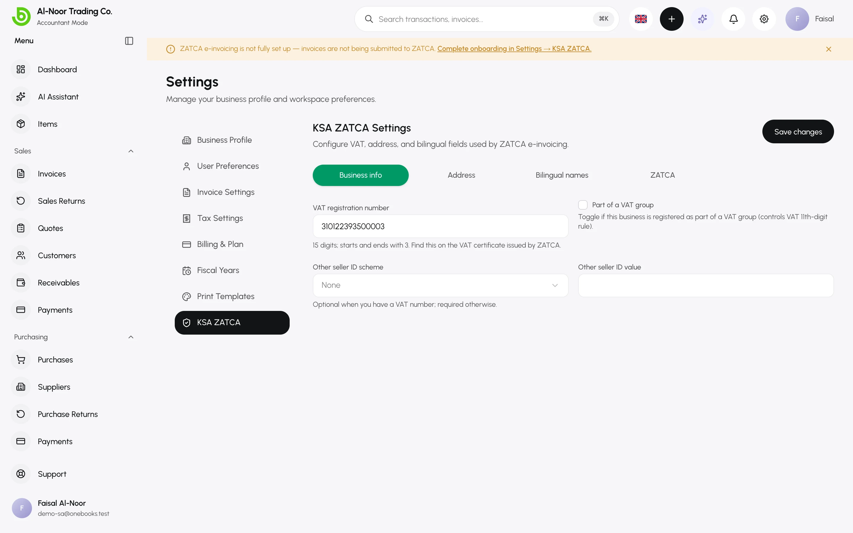 The KSA ZATCA Settings page with business info, bilingual names and ZATCA tabs