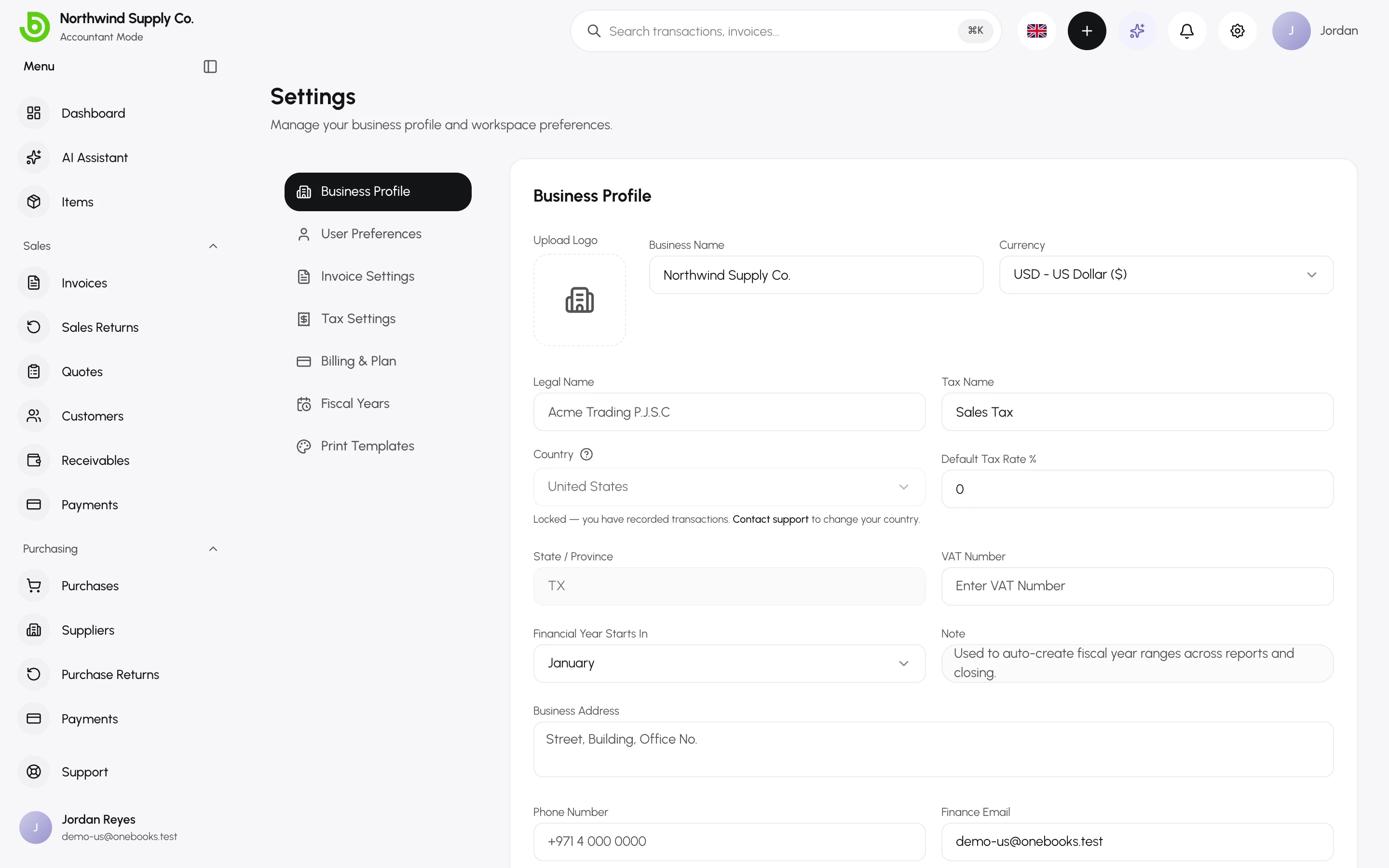 Company settings for a US business showing the state